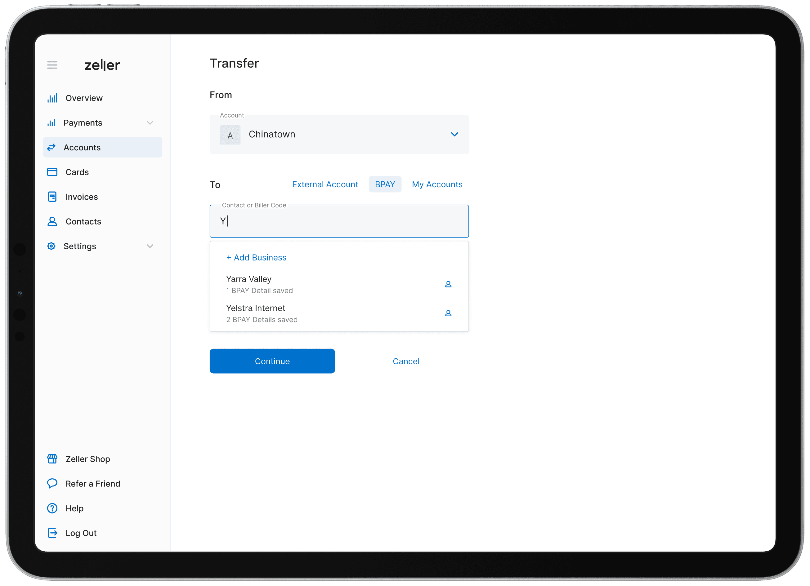 Zeller - BPay - Select contact