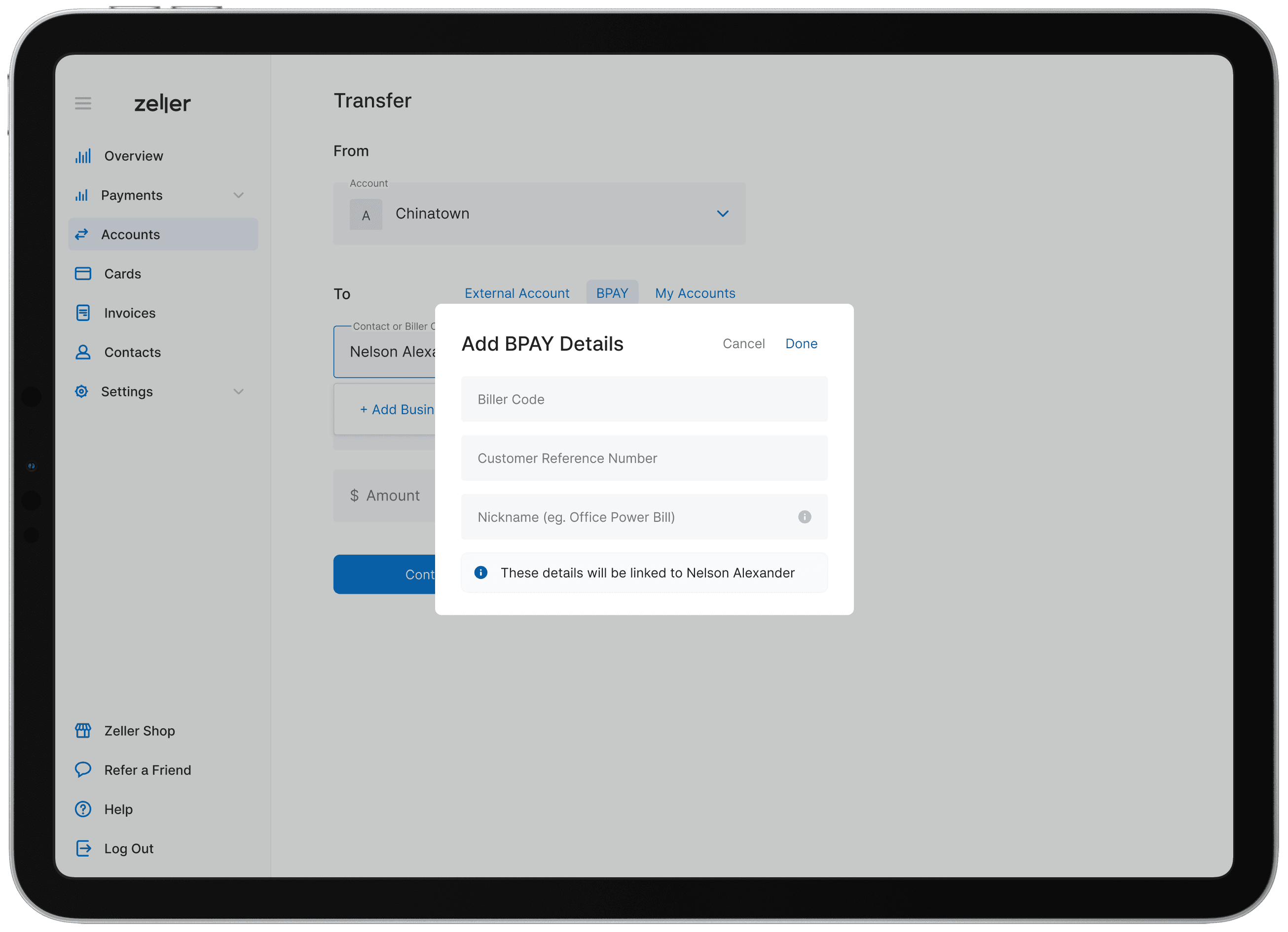 Zeller - BPay - Add Details