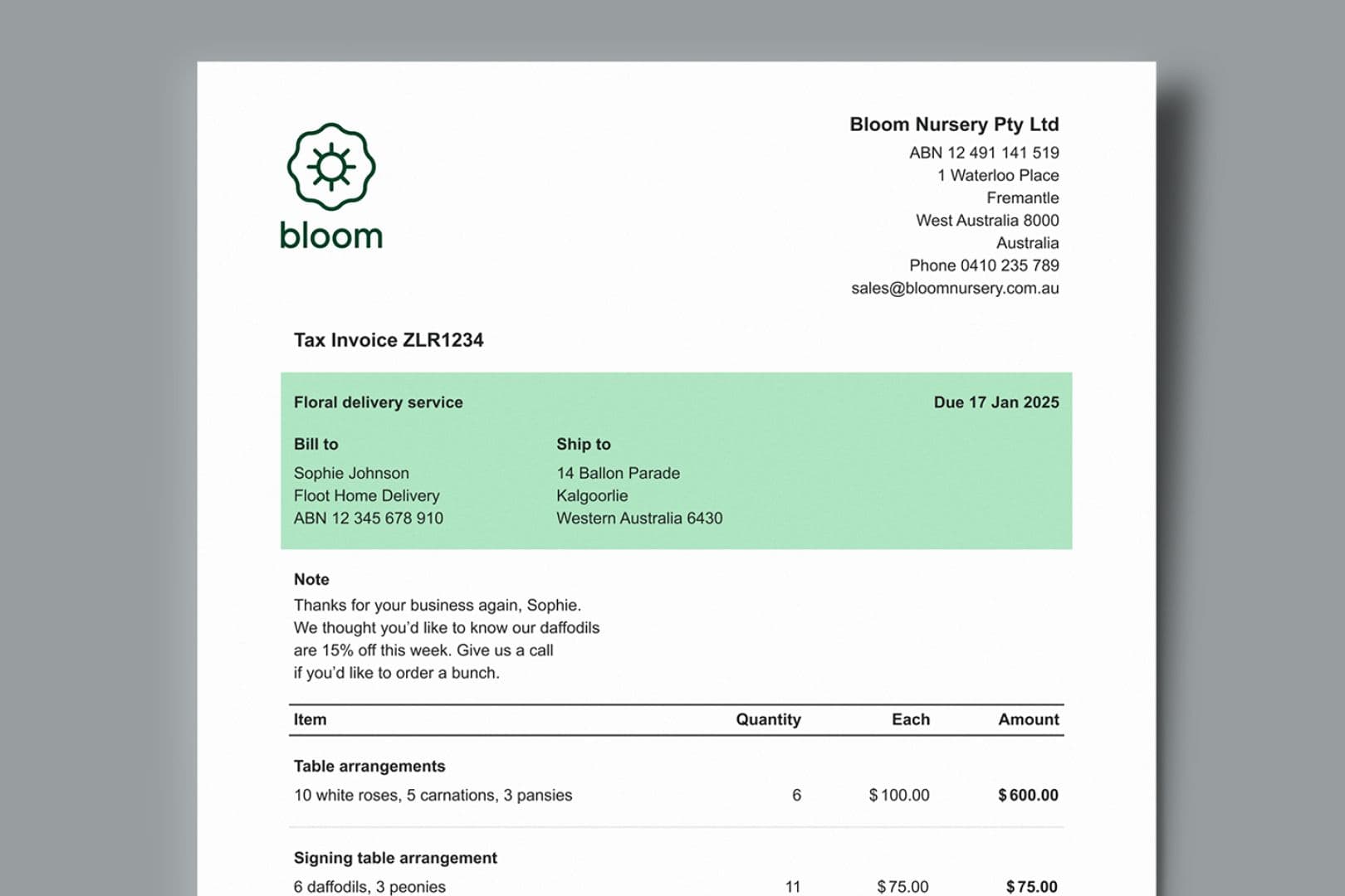 Example of a Zeller Invoice