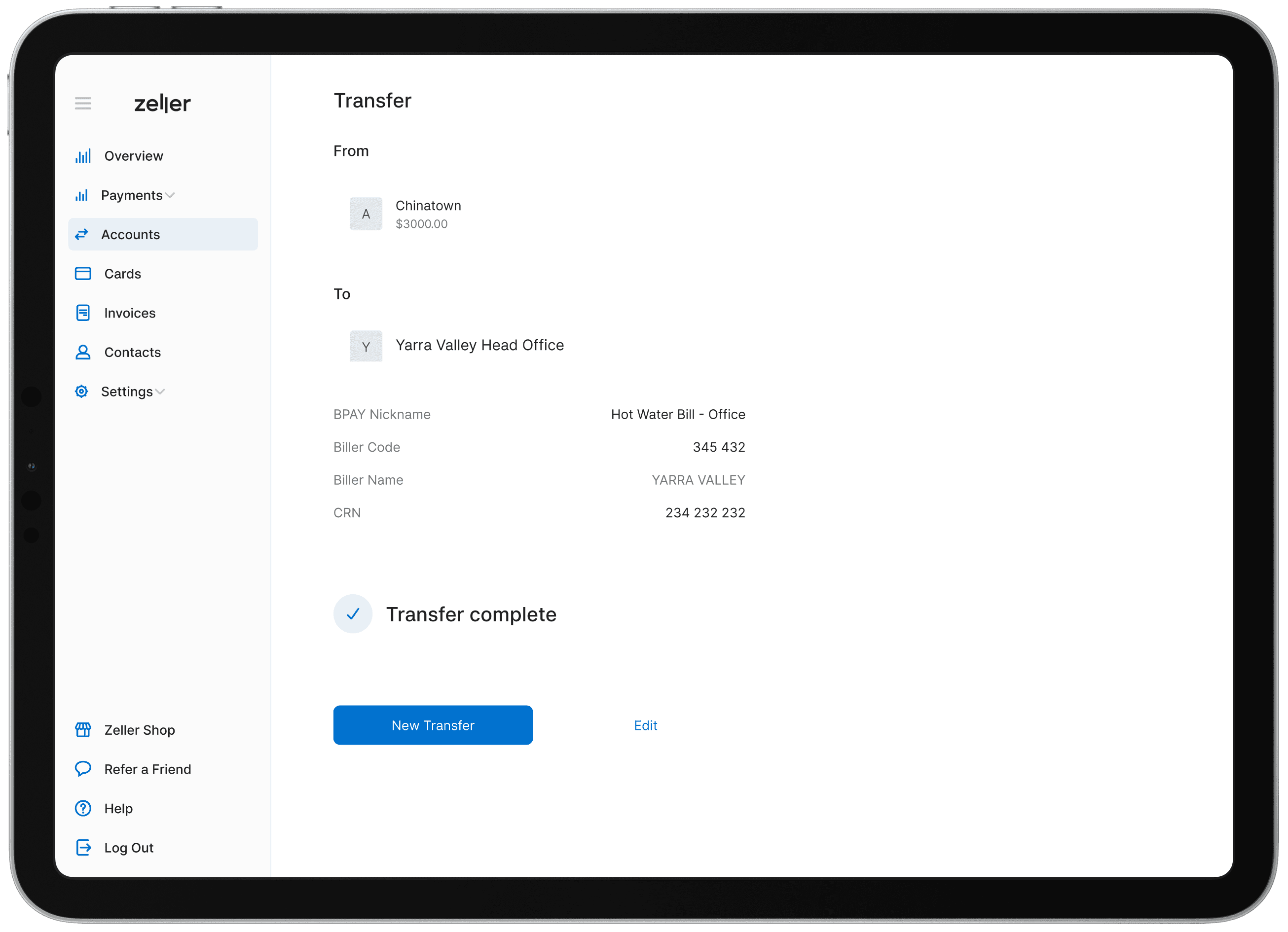 Zeller - BPay - Initiate payment
